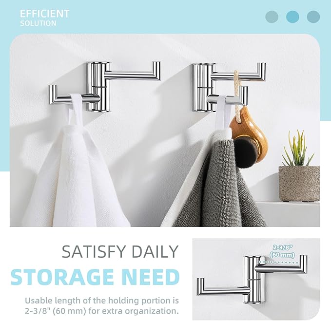 Angle Simple Swivel Hook for Towel Polished Chrome 2 Pack, 304 Stainless Steel Bathroom Towel Double Hook for Wall