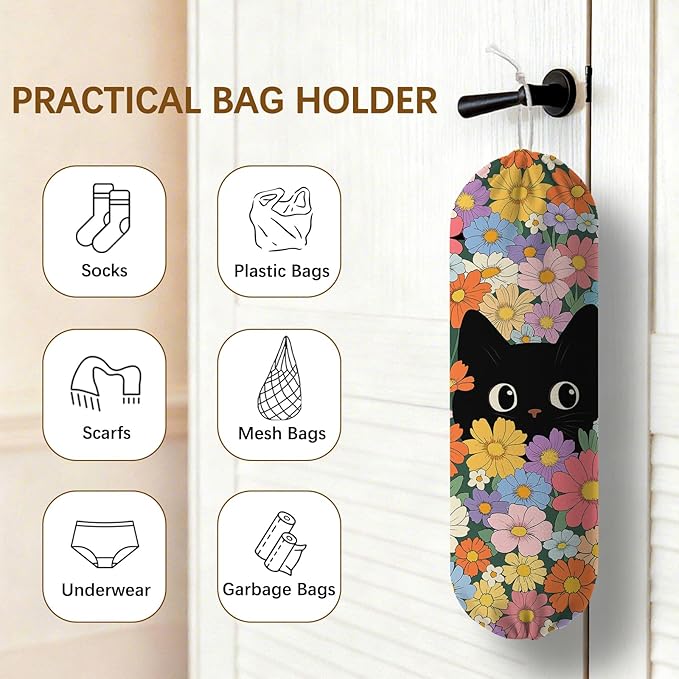 Floral Cat Plastic Bag Holder Dispenser, Plastic Grocery Bag Organizer & Wall Mount Paper Trash Bags Saver Storage for Kitchen Home Pantry Decor, Cat Kitchen Decor Shopping Bags Storage Dispenser
