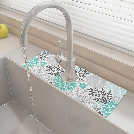 15" X 5.5" Kitchen Sink Splash Guard Faucet Mat Floral Super Absorbent Fast Drying Faucet Guard & Draining Mat Sink Splash Guard Behind Faucet for Kitchen, Bathroom