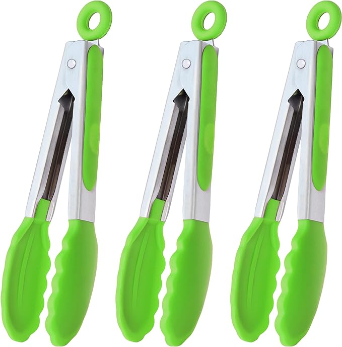 HINMAY Mini Tongs with Silicone Tips 7 Inches Silicone Cooking Tongs, Set of 3 (Green)