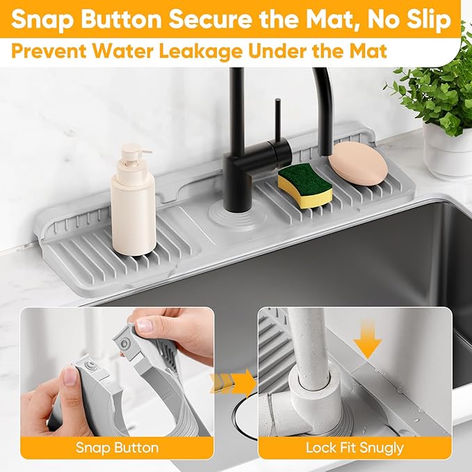 17.7'' Folding Faucet Mat for Kitchen Sink Splash Guard[7° Slope Fast Self-draining][Snap Lock Fit] Kitchen Sink Faucet Mat Splash Guard Kitchen Sink Area Water Splash Guard Behind Faucet Draining Mat