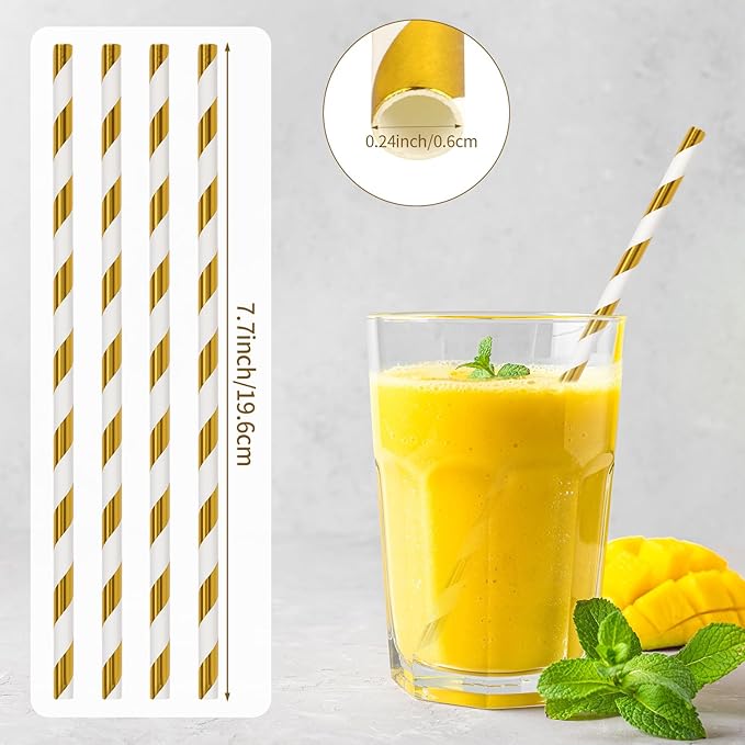 100 Packs Gold Biodegradable Striped Paper Straws, Disposable Drinking Straws for Birthday Carnival Summer Pool Party Wedding Baby Shower Halloween Christmas Party Decoration Supplies