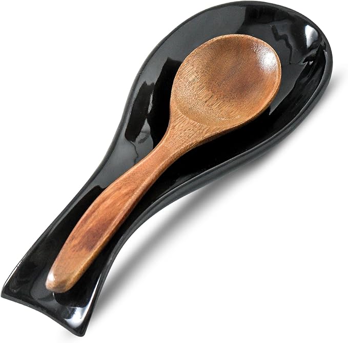 Ceramic Spoon Rest for Stove Top,Large 8.7 Inch Spoon Holder for Kitchen Counter,Porcelain Utensil Rest for Thankgiving and Christmas Gift,Dishwasher Safe and Heat-Resistant,Black(1 PC)