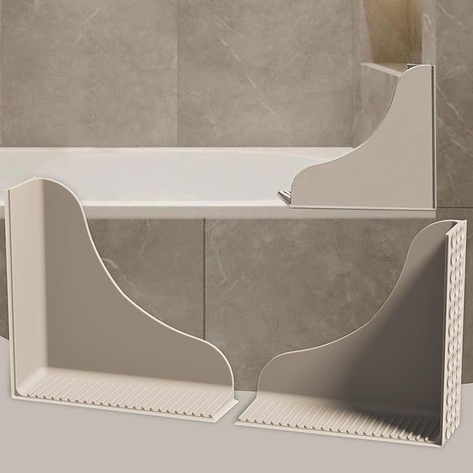 Roslim No-Adhesive 2-Pack All-Silicone Shower Splash Guard with Strong Suction Cups, Reusable Bath Tub Corner Water Blocker for Secure Seal，Keep Water in Shower or Bath, One-Piece Design, Taupe
