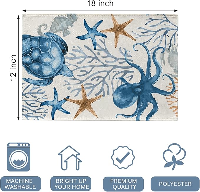 Seliem Spring Summer Octopus Turtle Starfish Coral Placemats Set of 4, Coastal Sea Horse Creature Dining Table Place Mats, Nautical Beach Seasonal Kitchen Decor Home Decoration 12 x 18 Inch
