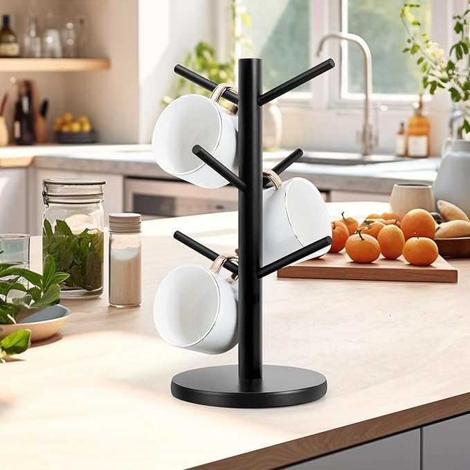 Fertoriy Mug Holder Tree, Thicker Base Coffee Cup Holder for Countertop, Sturdy Wood Coffee Mug Hanger with 6 Hooks, Non-Slip Cup Rack for Home Storage and Organizer