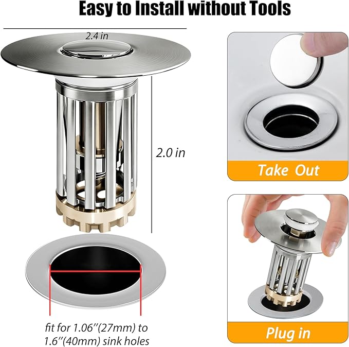 3 in 1 Pop Up Bathroom Sink Stopper, Bathroom Sink Drain Strainer, with Removable Basket Hair Catcher, Universal Sink Plug Cover for 1.06 in to 1.6 in Drain, Brushed Nickel