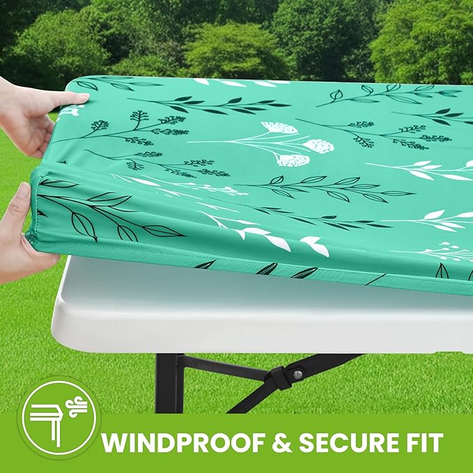 Smiry Spandex Fitted Tablecloth for 6 Foot Rectangle Tables, Washable Picnic Table Cover with Elastic, Stretch Reusable Table Cloth for Outdoor, Camping, Dining & Kitchen (Sage Green Leaf, 30"x72")