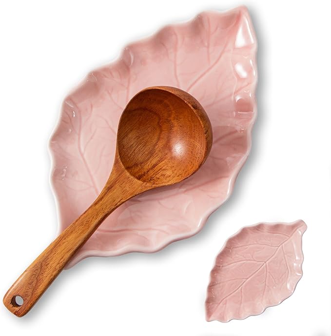 Ceramic Leaf Shape Spoon Rest for cooking, Cute Cooking Spoon Holder for Stove Top,Large Porcelain Spatula Rest for Kitchen Counter, Farmhouse Christmas Kitchen Decor (pink)