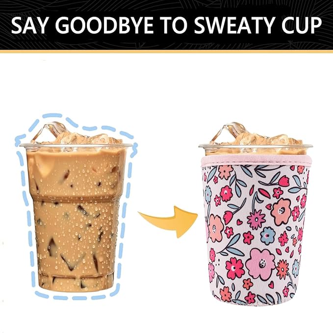 YR Reusable Neoprene Insulator Sleeve for Iced Coffee Cups, 3 Pack Coffee Coolies sleeves for Iced & Hot Drinks, Cold Beverage Cooler Compatible with Starbucks Coffee and More (Pink Floral Garden)