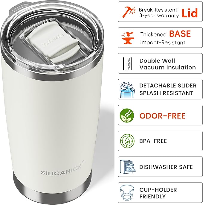 20oz Hygienic Stainless Steel Vacuum Insulated Tumbler w/ Easy-On/Easy-Off Lid - Removable slider, Double Wall 18/8 Travel Mug, BPA-Free, Fits Cup Holders, Premium Quality, Smart Value - Cream