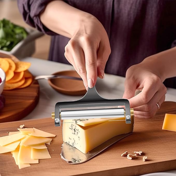 TOPULORS Cheese Slicer Cheese Cutter Stainless Steel Wire Cheese Slicer for Mozzarella, Cheddar, Gouda, And More Block Cheese - Heavy Duty Slicer With 1 Extra Replacement Cutting Wire - Gunmetal Gray
