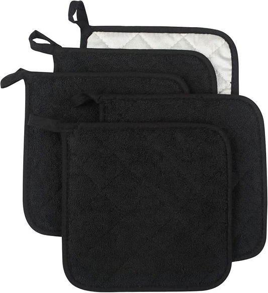 100% Cotton Kitchen Everyday Basic Terry Pot Holder Heat Resistant Coaster Potholder for Cooking and Baking Set of 5 Black