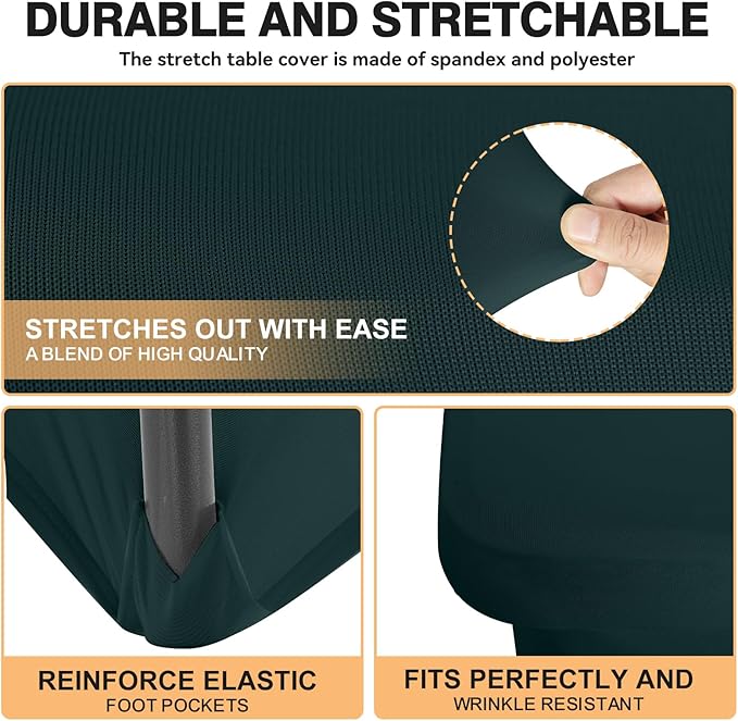 2 Pack 6 Feet Hunter Green Spandex Tablecloth for Tables, Fitted & Stretch, Washable, Wrinkle Resistant, Perfect for Event, Wedding, Party, Banquet, Cocktail, Festival, and Table Protector