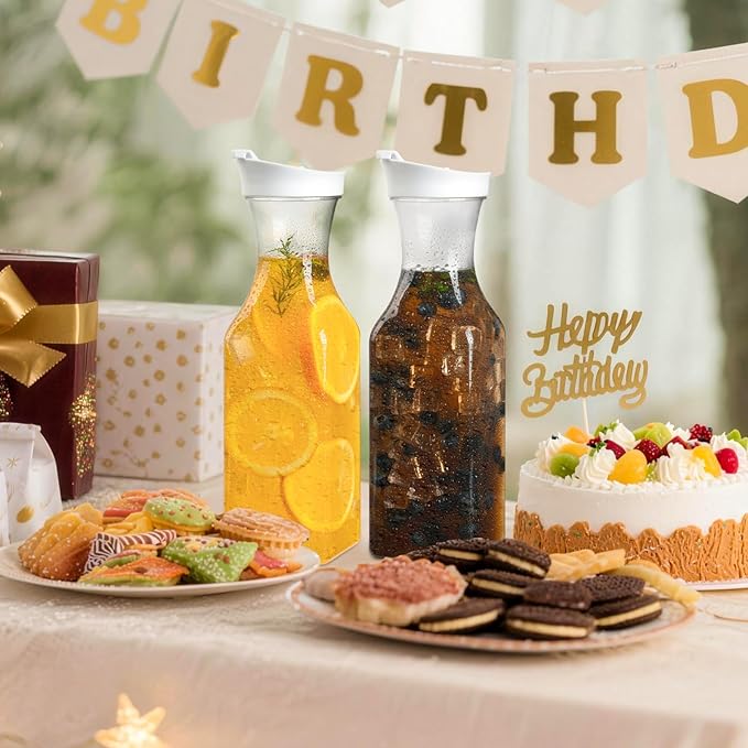 Set Of 4 Plastic Carafe With Lid, 50 Oz Mimosa Bar Supplies, Large Plastic Water Pitcher, Square Base Juice Containers For Party, Milk Container, Beverage Containers For Fridge- HAND WASH ONLY