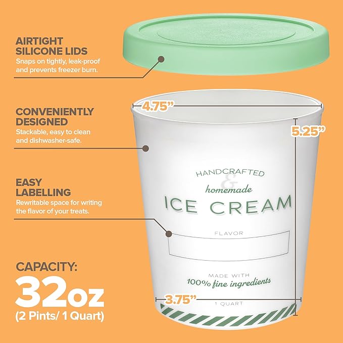 Stock Your Home 32oz Ice Cream Containers with Airtight Silicone Lids (2-Pack) Reusable 2 Pint Ice Cream Container for Storing Gelato, Sorbet, and Frozen Yogurt