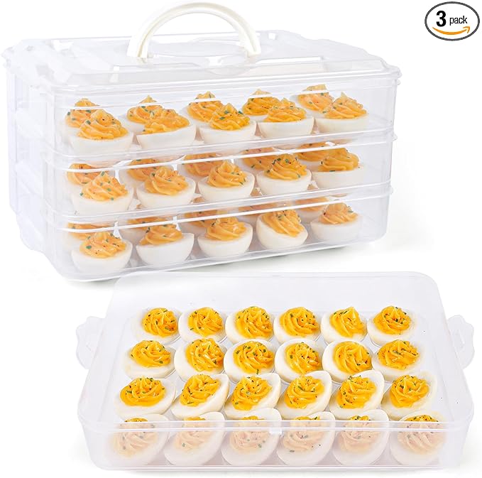 HANSGO Deviled Egg Containers with Lid, 3-Layer 60PCS Clear Egg Platter Carrier with Lid Dispenser for Easter Thanksgiving Party Home Kitchen Supplies