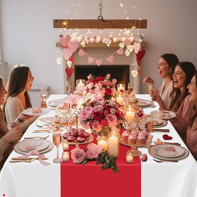 Smiry Plastic Table Cloth Disposable 3 Pack, 54 x 108 Inch Rectangle Waterproof Tablecloth, Printed Gold Table Runner Style for Birthday Weeding, Party Decorations, Leakproof & Sturdy, White and Red