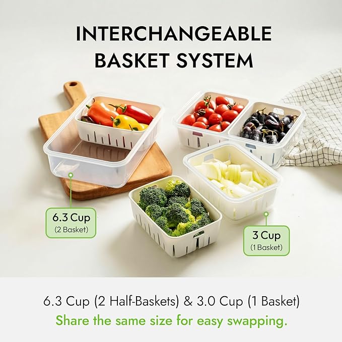carrotez 12.7 Cup Produce Saver Container for Fridge with White Colander, Airtight Fruit & Vegetable Storage Bin, Removable Strainer Basket, BPA-Free, 3.0L