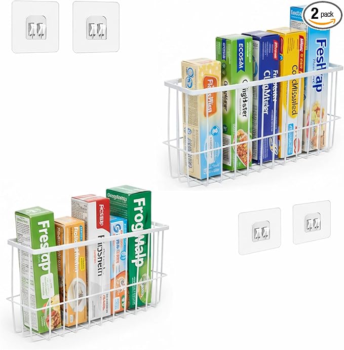 2 Pack Aluminum Foil and Plastic Wrap Organizer,Wall Mounted Cabinet Door Organizer,Kitchen Pantry Organizers and Storage,Wrapping Paper Shelf for Sandwich, Freezer, Ziplock Bag, White