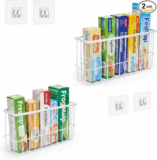2 Pack Aluminum Foil and Plastic Wrap Organizer,Wall Mounted Cabinet Door Organizer,Kitchen Pantry Organizers and Storage,Wrapping Paper Shelf for Sandwich, Freezer, Ziplock Bag, White