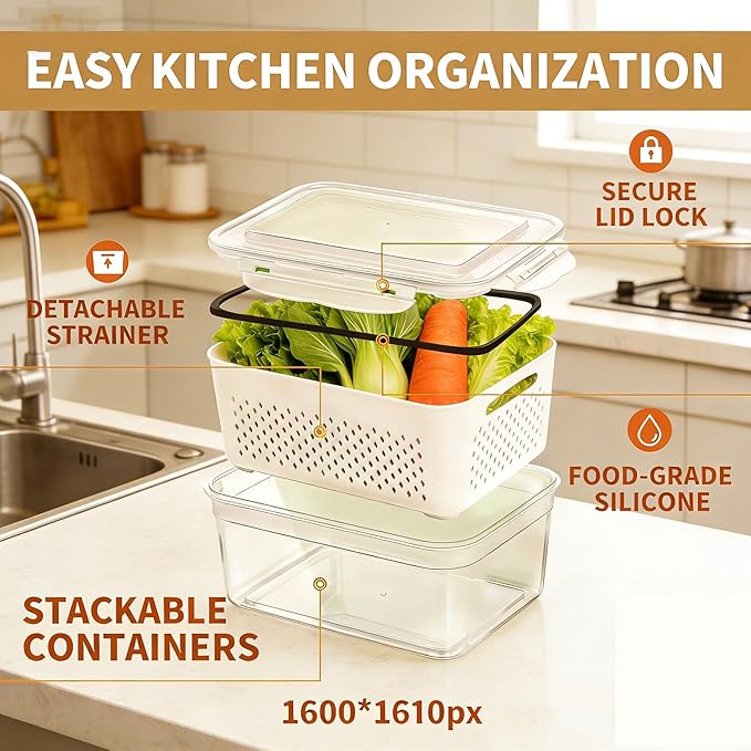 Fruit storage containers for fridge，with detachable drainer basket and airtight seal, stackable produce organizer, prolongs freshness of berries, greens, meats