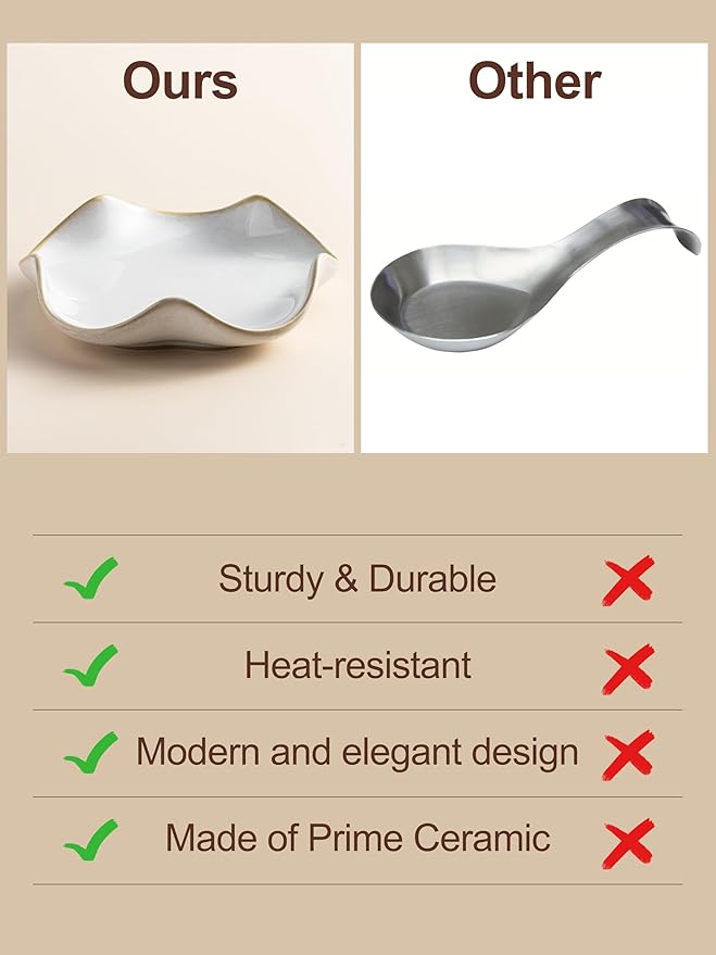 Spoon Rest for Stove Top, Spoon Holder for Stove, 5.3In Ceramic Spoon Rest for Kitchen Counter, Coffee Spoon Holder with Ruffled Edge, Farmhouse Spatula Holder for Kitchen Decor, Beige