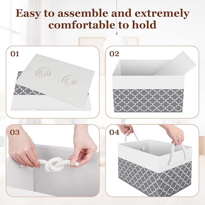 Fab totes Storage Bins 8-Pack, Foldable Storage Baskets for Organizing Toys, Books, Shelves, Closet, Large Storage Box with Rope Handles, Sturdy Organizer Bins,Clover Grey