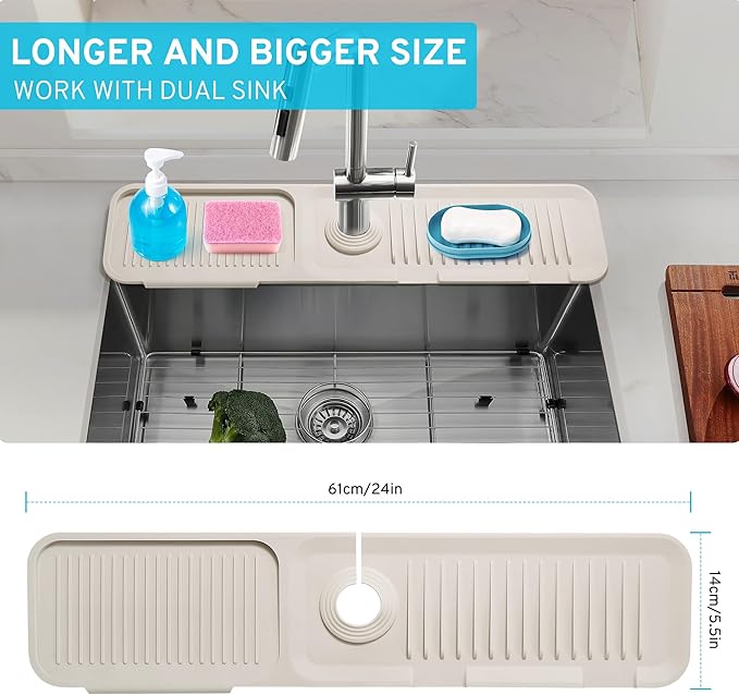 24" Longer Silicone Splash Guard, 5 Slope Design Faucet Water Catcher Mat, Handle Drip Catcher Tray Mat for Kitchen Countertop Bathroom Sink Protectors (Beige White)