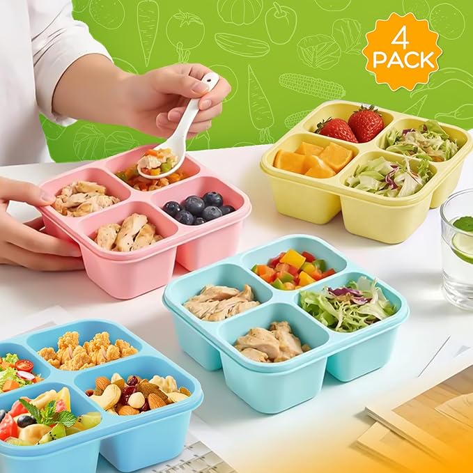 Bento Box Adult Lunch Box- 4 Pack,4 Compartment Snack Containers Reusable Meal Prep Stackable BPA-Free Lunch Containers for Home, Work, Travel (4 Color)