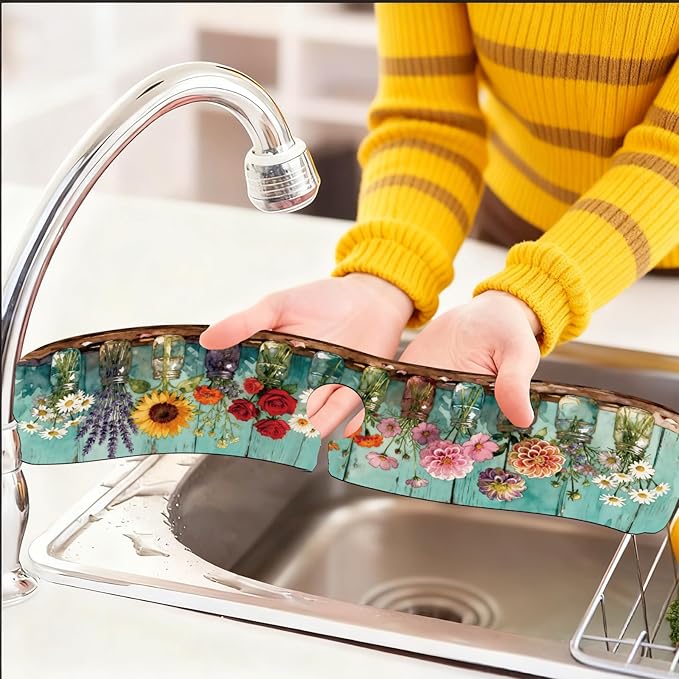 2 Pcs Kitchen Sink Splash Guard Faucet Mats Colored Glass Vases with Plants Pattern Faucet Mat for Sinks Roses Absorbing Drying Mat for Kitchen Bathroom, 23.6x5.5inch