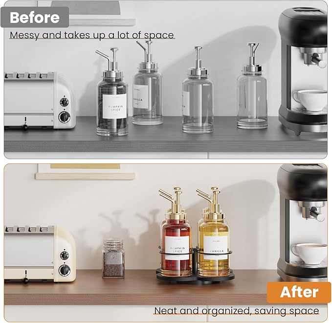 THYGIFTREE Rotating Coffee Syrup Organizer 4 Bottles Syrup Rack Dispenser16.9oz for Countertop Wood Bottle Holder Stand for Coffee Bar Station, Black