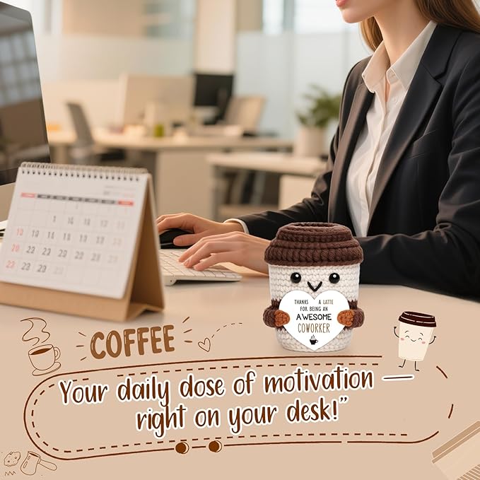 Mini Coworker Gifts for Women Men Handmade Crochet Coffee Cup Leaving Farewell Goodbye Going Away Office Appreciation Gift for Coworkers Work Bestie Team Employee Birthday Promotion Ideas Gift