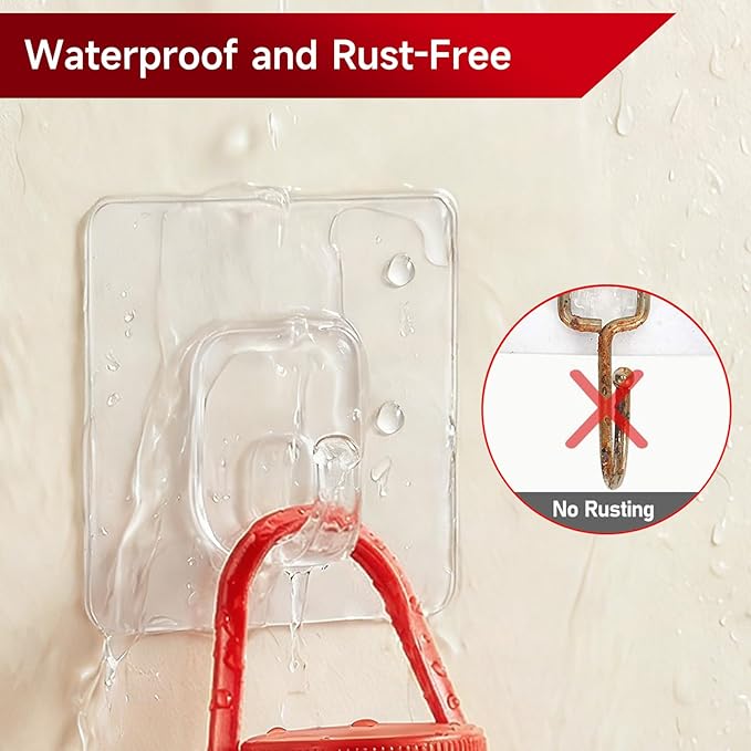 10 Pack Invisible Adhesive Hooks for Hanging Heavy Duty, Waterproof & Rustproof Shower Hooks for Inside Shower, Clear Sticky Hooks for Walls No Damage, Multi-Use for Kitchen, Bathroom, Bedroom, Office