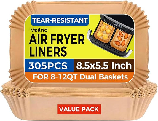 Vailnd Air Fryer Liners Disposable, 305 PCS 8.5x5.5 Inch Rectangle Air Fryer Paper Liners, Heavy-Duty Air Fryer Liners for 8-12 qt Basket, Non-stick & Oil-Proof Parchment Paper for Oven, Pan
