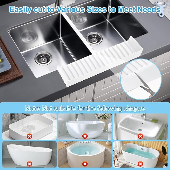 Silicone Faucet Splash Guard 4" x 14", Faucet Water Catcher Mat, Longer Silicone Sink Mat for Kitchen, Bathroom, Laundry Room, Farmhouse for Quartz Kitchen Sink（Transparent White）