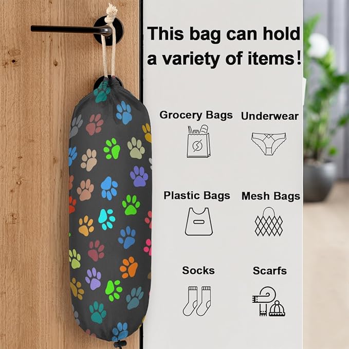Pardick Plastic Bag Holder, Colorful Dog Cat Paw Print Grocery Bag Holder for Shopping Bags, Wall Mount Plastic Bag Storage Organizer Dispenser, Storage Holder for Home Kitchen Camper,A-9