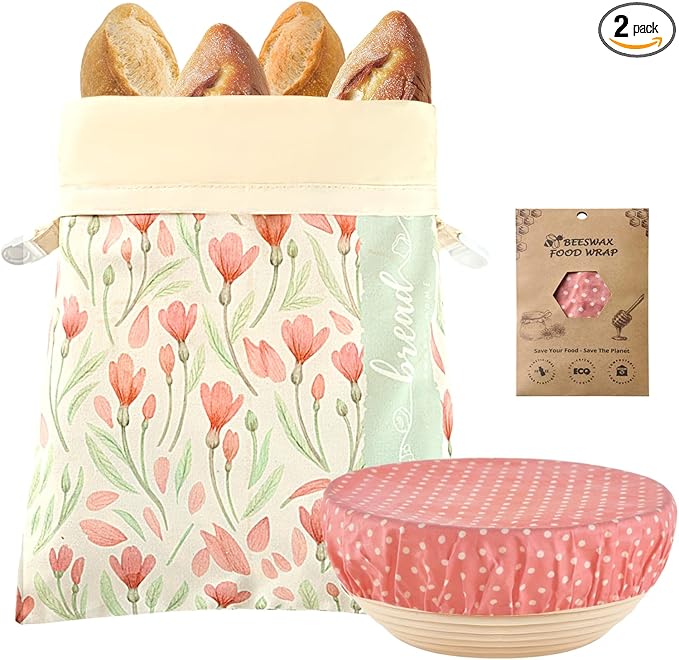 Beeswax Bread Bag and Bowl Cover Set, Reusable Beeswax Bread Bag for Sourdough and Homemade Bread, Natural Lined Cotton Bowl Cover for Dough Proofing, Perfect for Baking and Storage