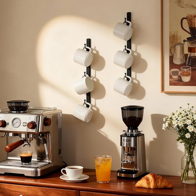 Yohsnor Coffee Mug Rack Set of 2 - Stylish Black Iron Coffee Cup Holder with 6 Hooks, Mounted Shelf for Kitchen & Office, Space-Saving, Easy to Install, Durable & Sturdy Hanger Racks