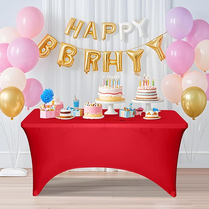 6 Pack 4 Feet Red Spandex Tablecloth for Rectangular Tables, Fitted & Stretch, Washable, Wrinkle Resistant, Perfect for Event, Wedding, Party, Banquet, Cocktail, Festival, and Table Protector