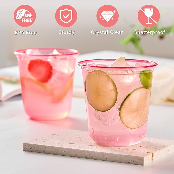 100 Pcs Pink Plastic Cups, 12oz Disposable Stemless Wine Glasses Pink Cocktail Party Cups for Graduation, Meeting, Wedding, Birthday Party