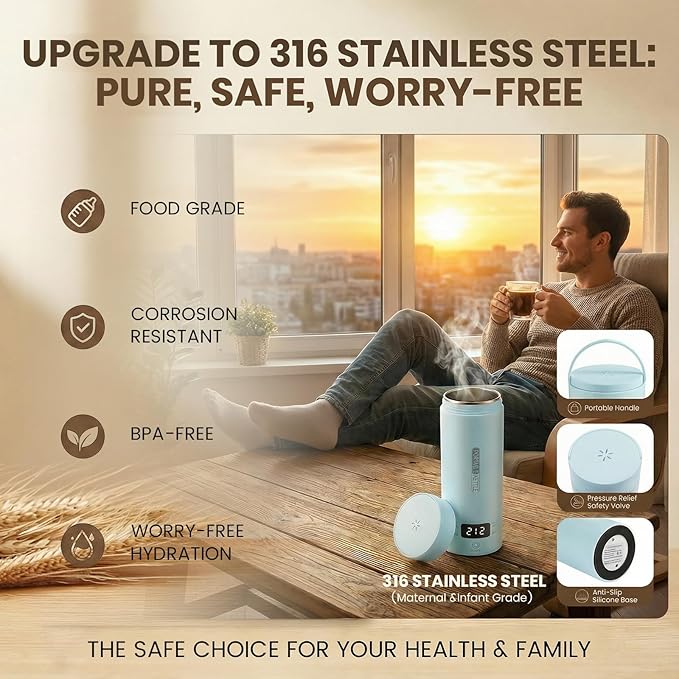 Portable Electric Kettle for Travel, Small Hot Water Kettle with NTC Temperature Control and Auto Shut-Off, 316 Stainless Steel, Blue 120V & 15oz