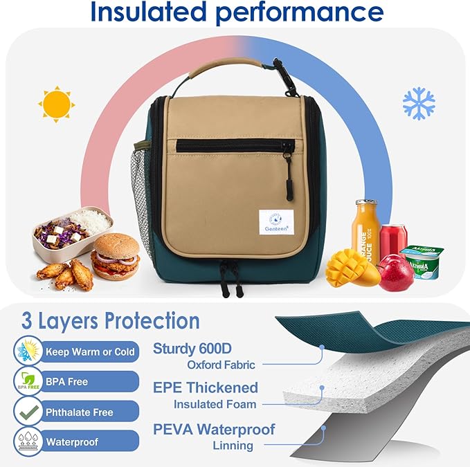 Genteen Kids Lunch Box, Insulated Lunch Bag for Kids, Toddler, Girl, and Boy; Holds Lunch Box, Water Bottle, & Snacks; Easy-Clean Water-Resistant Fabric & Multiple Zippered Pockets (Green Kakii)