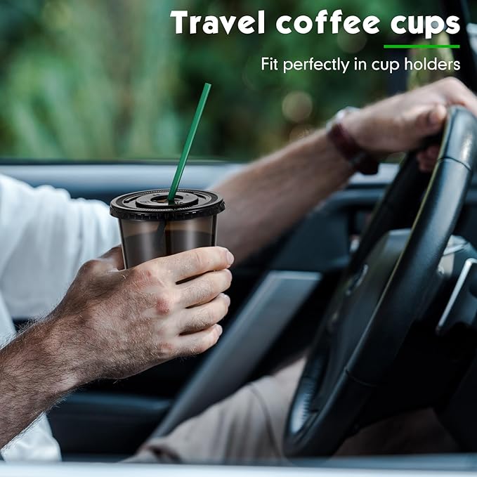 Baderke 25 Set Plastic Cups with Lids and Straws, Disposable Plastic Iced Coffee Cup for Cold Beverage Juice Smoothie Crystal for Coffee Shops Party Catering (Black,12 oz)