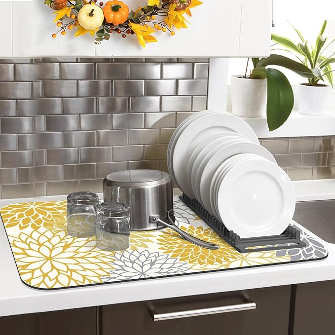 Findosom 2PCS 12" x 20" Fall Dish Drying Mat & 24" x 5.5" Sink Splash Guard, Super Absorbent & Cuttable Dish Mat Drying Kitchen Mat with Yellow Floral, Hide Stain Drying Mat for Kitchen Counter