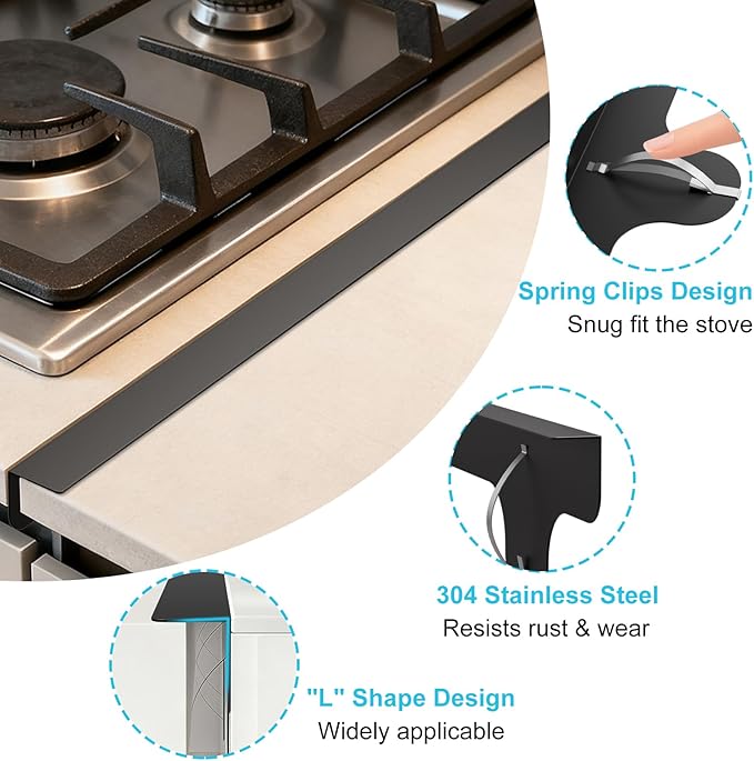 Stove Gap Covers - 304 Stainless Steel Oven Side Gap Filler, 2 Pack Stove Gap Filler - Length 23.4" Width 0.79", Spring Clip Design Fitting Gap Strong Guard Between Stove Top & Counter - Black