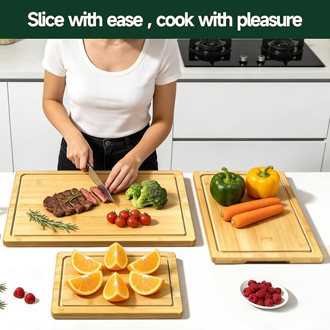3-Piece Set Bamboo Cutting Board for Kitchen - Crack-Resistant Wood Chopping Boards with Deep Juice Grooves, Pre-Oiled Butcher Block for Meat, Vegetables & Cheese, Natural