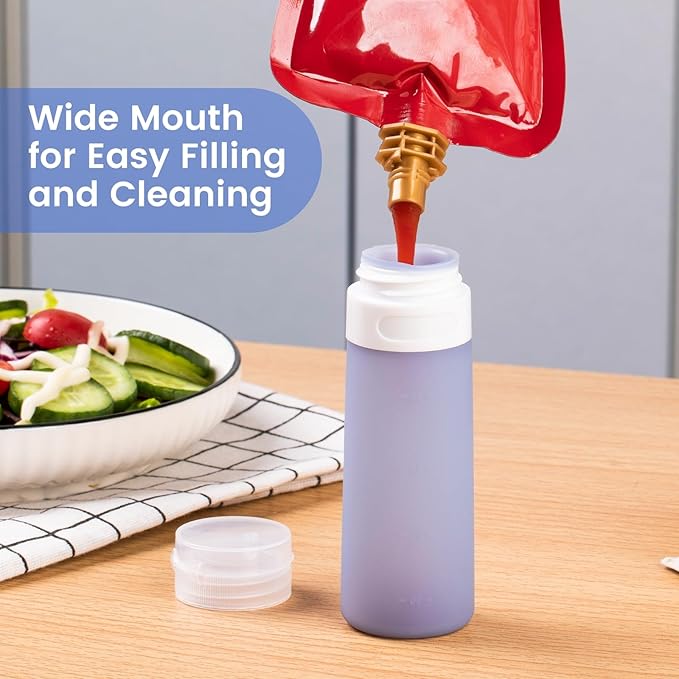 MICEBAY Condiment Squeeze Bottles for Sauces, 3-oz Mini Silicone Salad Dressing Container to Go with Snack Storage Bag, Leakproof Sauce Bottles for Lunch Box, 4 Pack, Blue