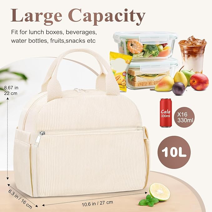 KUBYA Lunch Bag Lunch Box for Women, Cute Corduroy Insulated Reusable Work Leakproof Simple Adults Large Lunch Boxes Tote Bag Men Cooler Bag