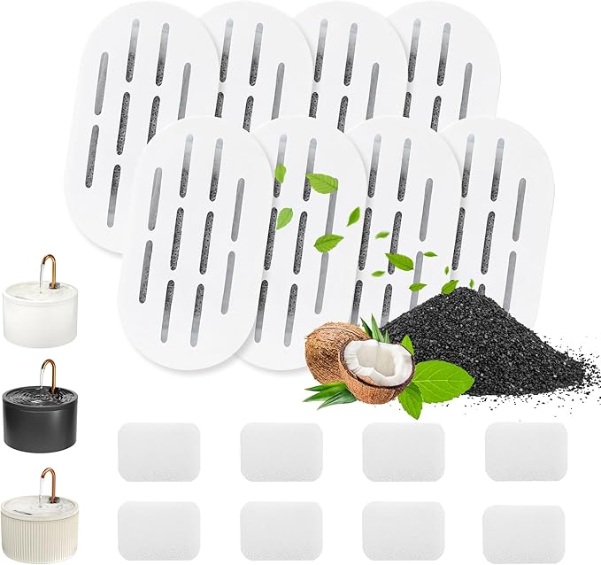MISFANS Ceramic Cat Water Fountain Filters, 8 Pack Replacement Filters & 8 Pack Replacement Pre-Filter Sponges Set for MISFANS and Other Ceramic Pet Fountain Water Dispenser